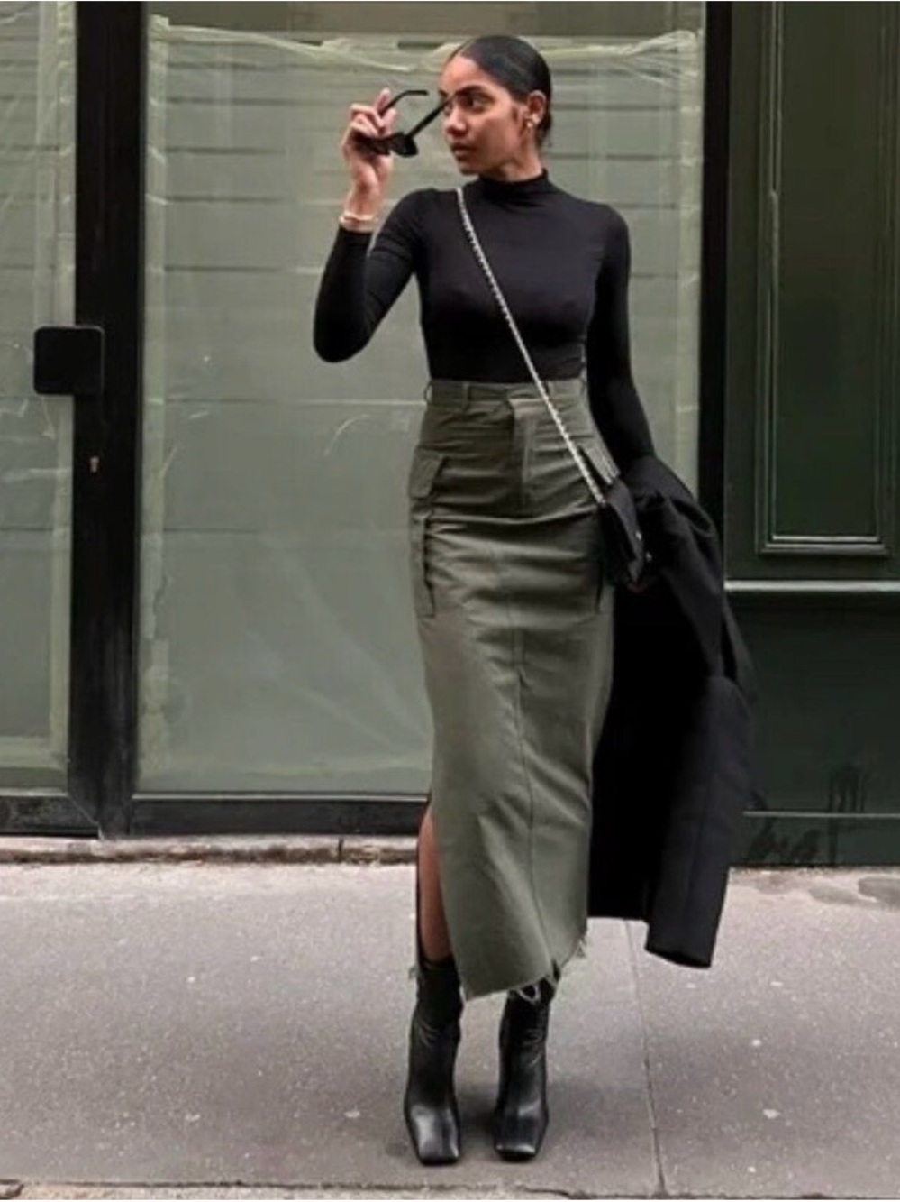 Local European Olive Maxi Cargo Pencil Skirt with Side Slit